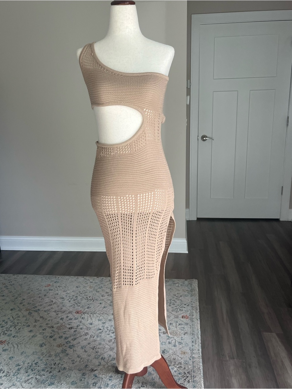 Asymmetric Cutout Crochet Maxi Dress w High Slit - Beige